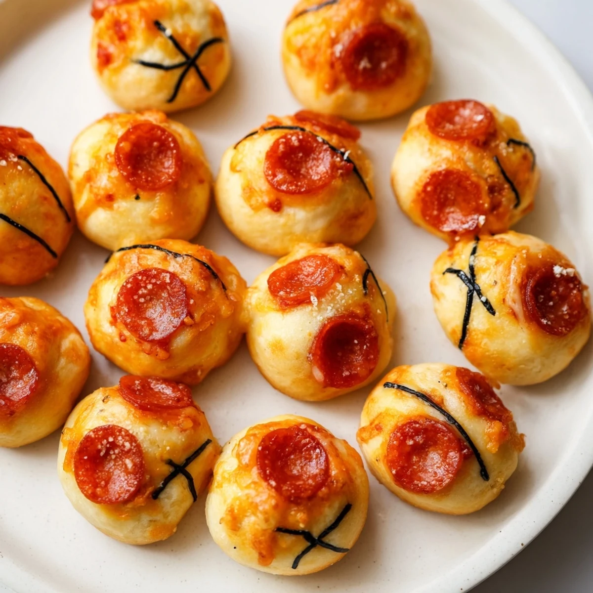 Warm, cheesy bite-sized Slam Dunk Basketball Pizza Bites with pepperoni, perfect for sharing and easy to eat.