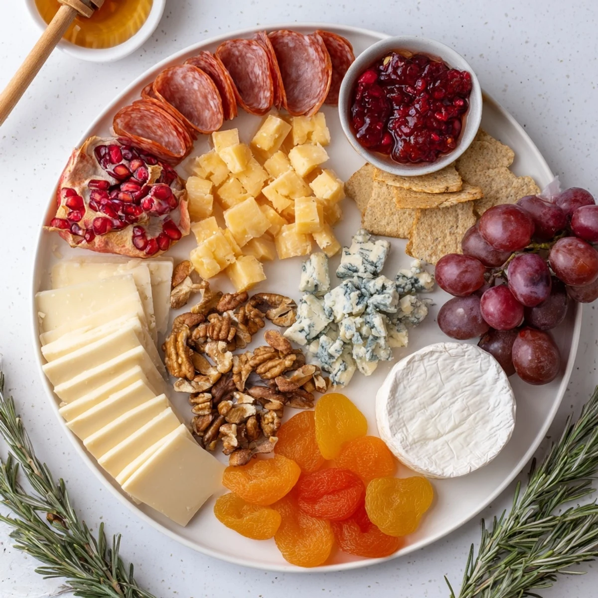 The colorful Christmas 2025 Festive Grazing Board presents an inviting array of artisan cheeses and treats.