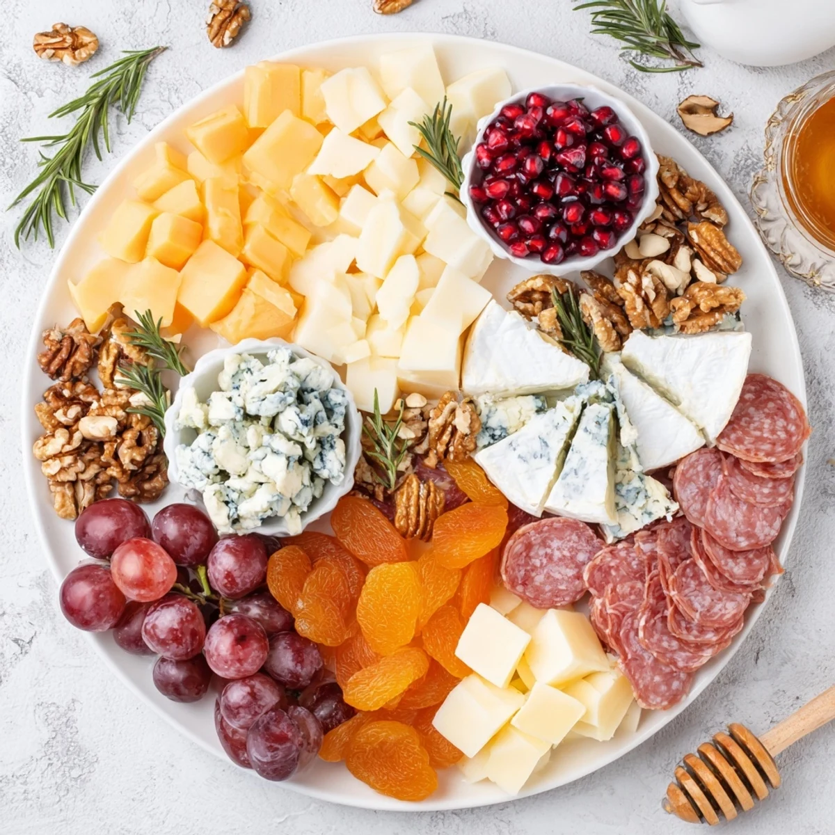 Imagine a vibrant Christmas 2025 Festive Grazing Board with honey drizzled over fresh and dried fruits.