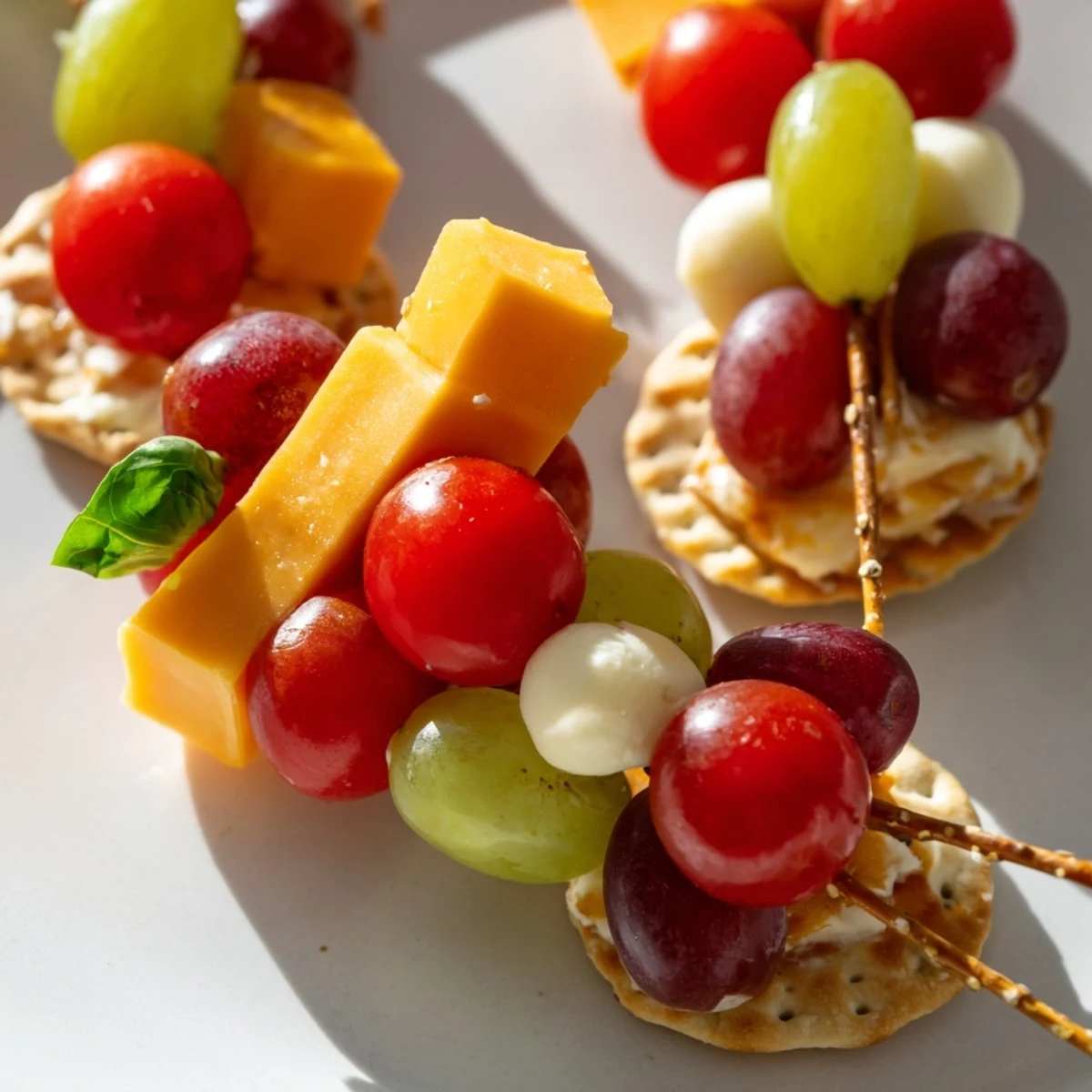 Easy-to-make Up, Up, & Away Hot Air Balloon Snacks showcasing grapes, cheese cubes, and a cracker base, ready to eat.