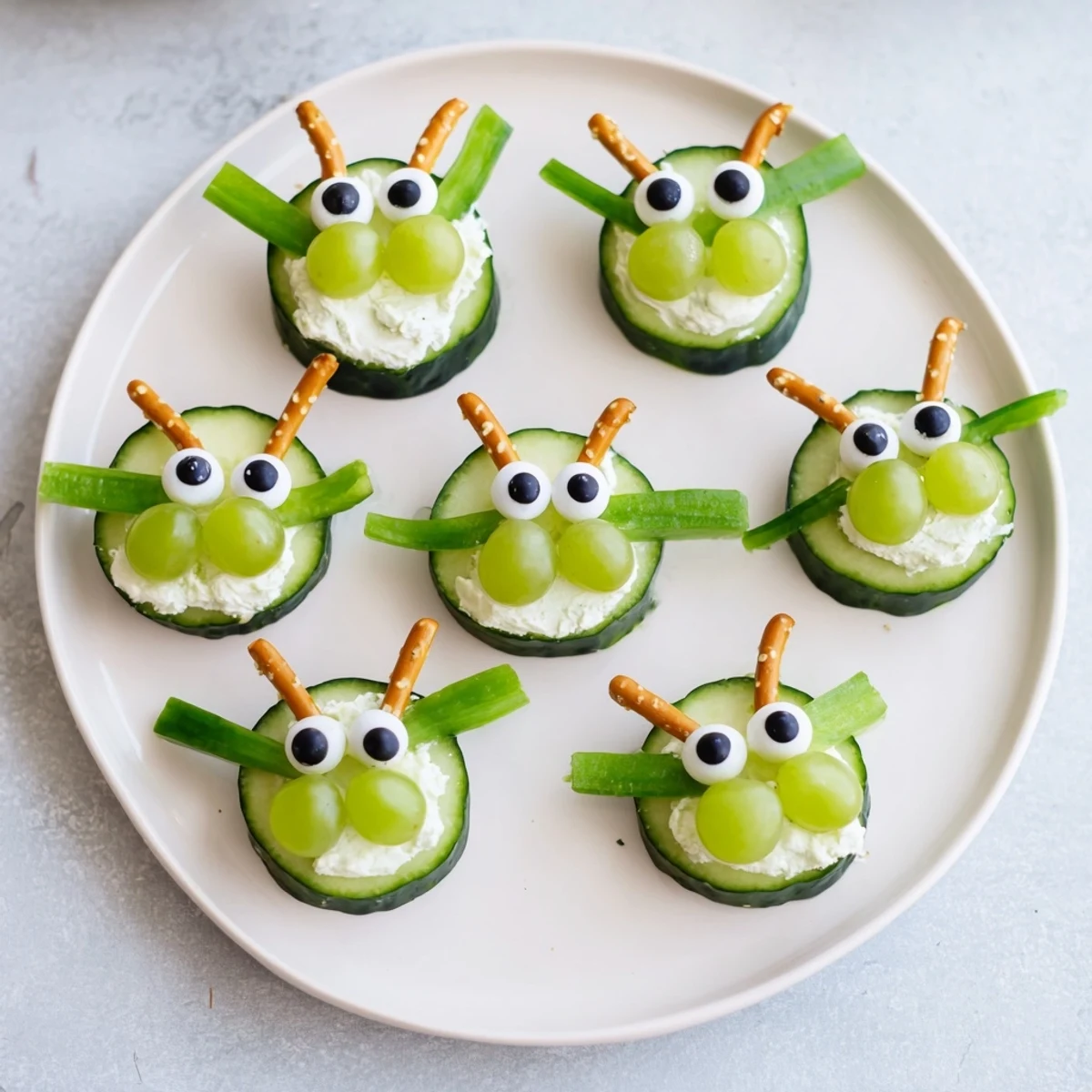 Cute Little Green Men Alien Snack Attack with bright green grapes, olives, and crisp pretzel antennas for fun.