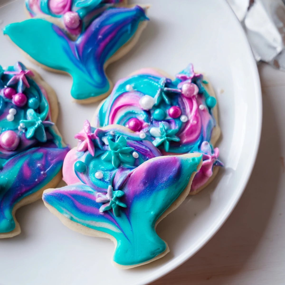Beautiful mermaid tail sweets: colorful sugar cookies decorated with shimmering frosting and edible pearls, delicious!