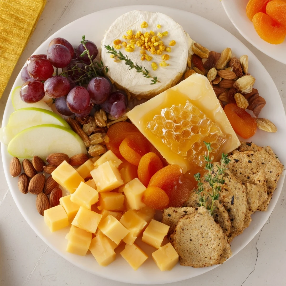 A delightful Busy Bee Honeycomb Snack Plate overflowing with cheese, fruits, and golden honey.