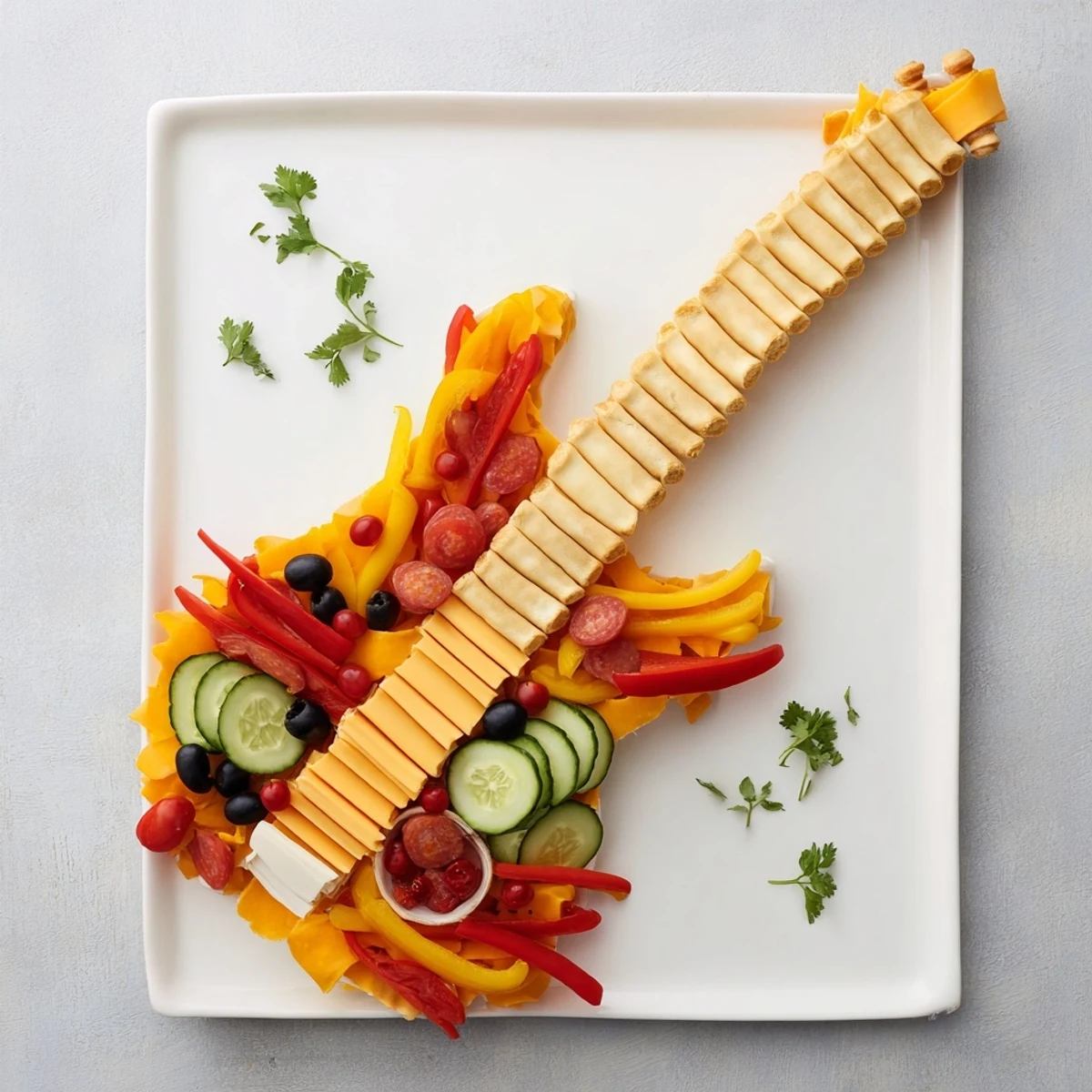 Imagine a festive Rock Star Guitar Snack Platter, ready to serve with crackers, dips, and fresh veggies.