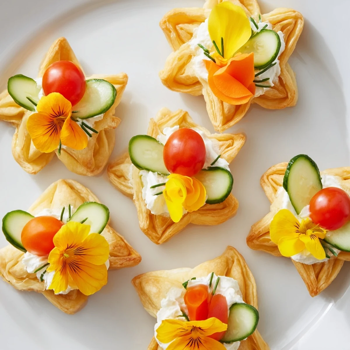 Vibrant Fairy Garden Flower Shaped Snacks with colorful vegetable toppings and creamy cream cheese filling.