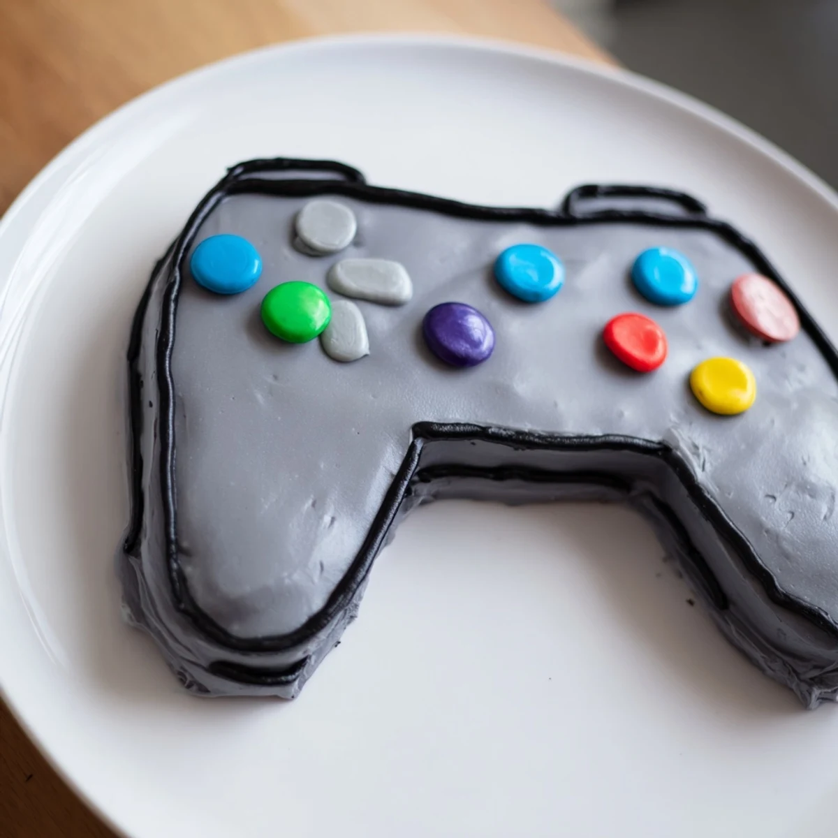 Imagine a fun Pixel Perfect Video Game Controller cake: frosted in gray with colorful button details, delicious flavors.