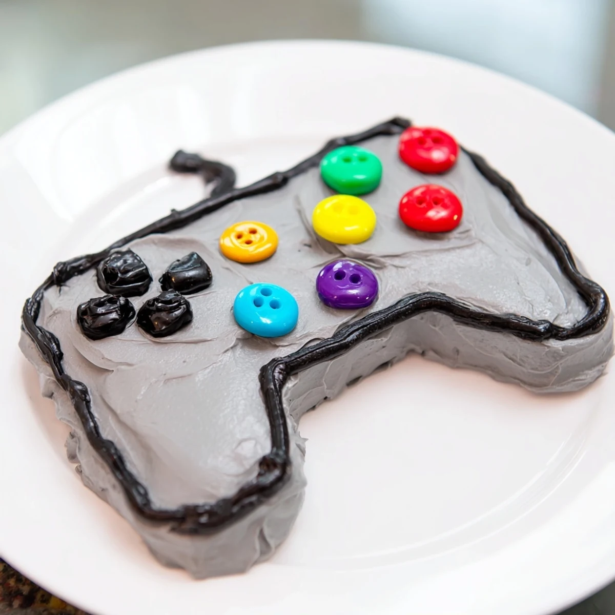 Perfectly frosted Pixel Perfect Video Game Controller Cake served, showcasing its vibrant buttons and edible design for your party.