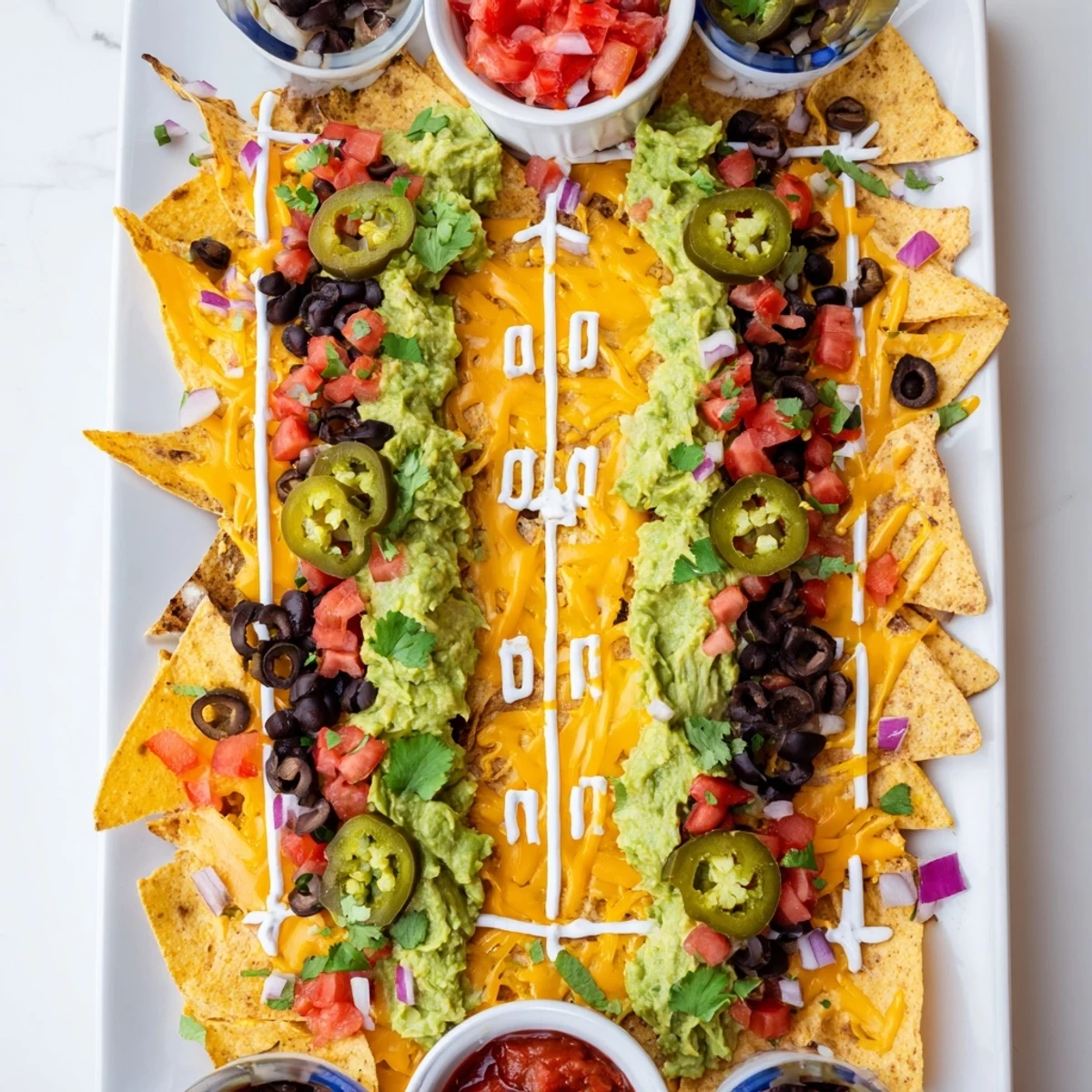 A vibrant, game-day Football Field Nacho Platter showcases melted cheese, fresh toppings, and a football field design.