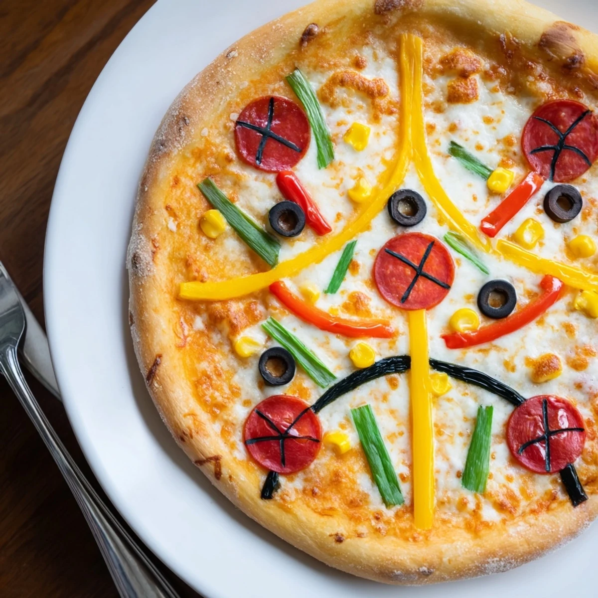 Golden-crusted Basketball Court Pizza awaiting eager bites, with artfully arranged bell peppers and pepperoni.