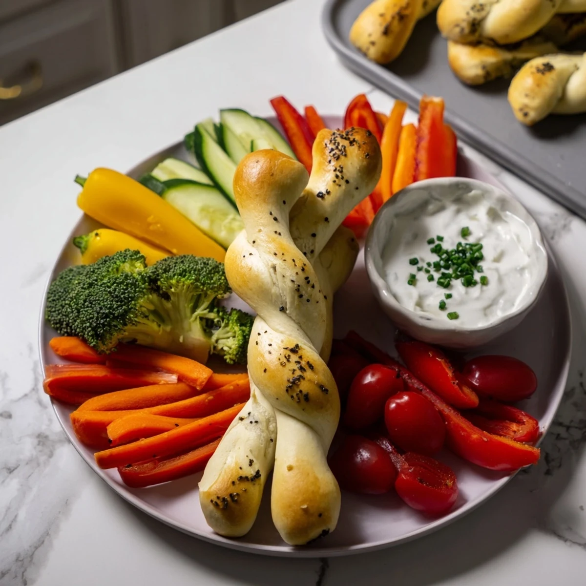This Dinosaur Bone Prehistoric Crudités appetizer features crispy breadsticks and an array of vibrant vegetables for dipping.