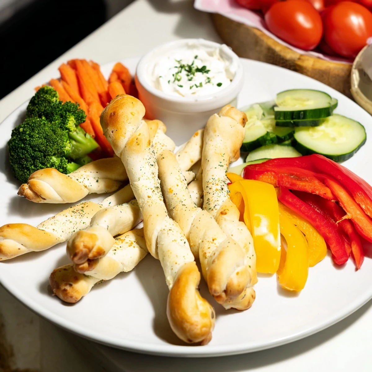Enjoy this fun, kid-friendly Dinosaur Bone Prehistoric Crudités, a healthy platter with crunchy veggies and tasty bread "bones".