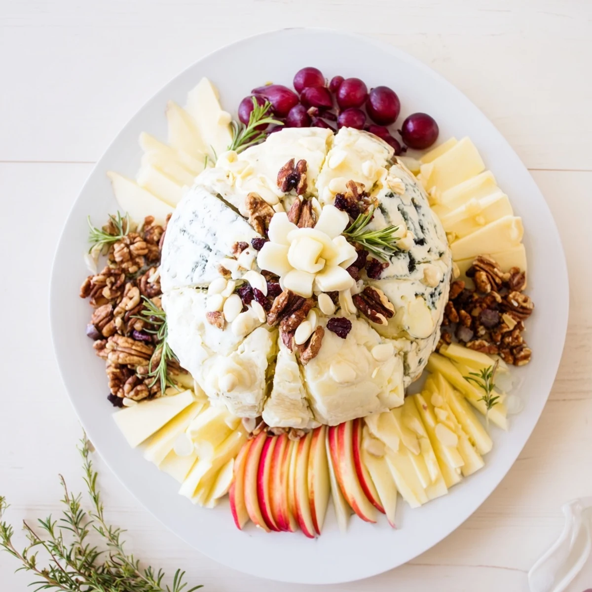 Rugby Ball Cheese Board: A vibrant, artfully arranged platter with cheeses, fruits, and charcuterie awaiting serving.