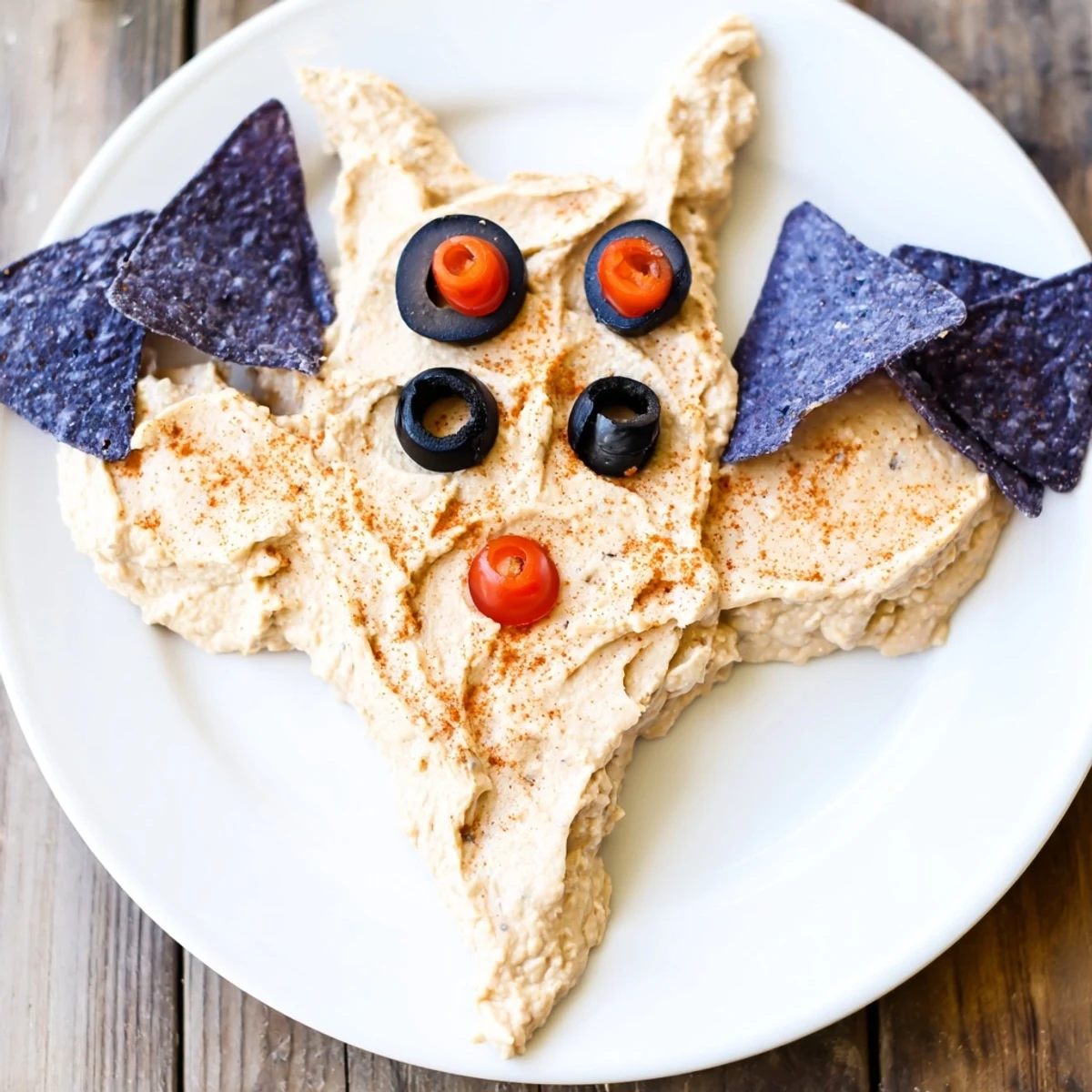 Halloween Spooky Bat Bean Dip Platter on a platter encircled by crunchy tortilla chips and fresh vegetable sticks.
