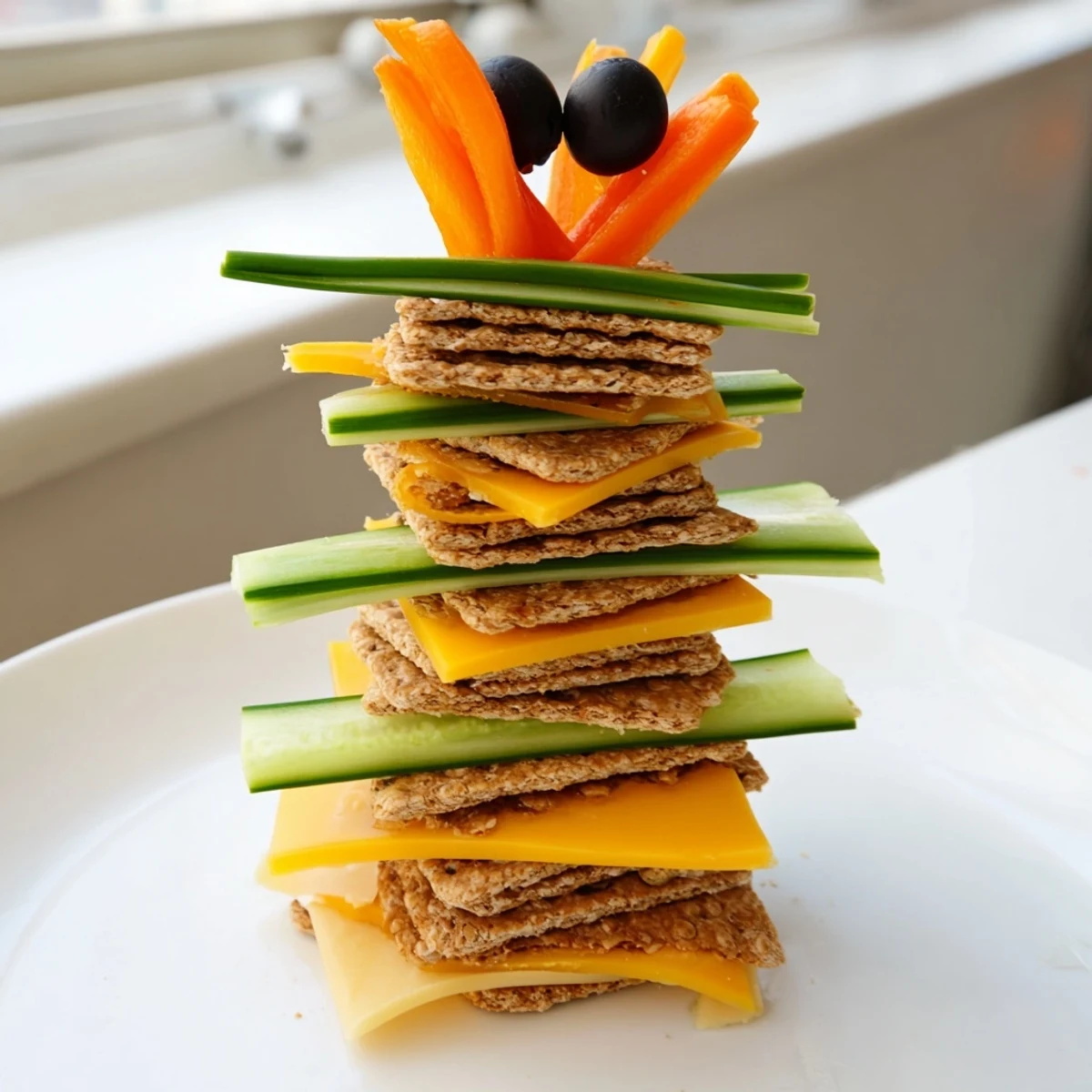 Giraffe Tall Cracker Stack: a vibrant tower of crackers, cheese, and colorful veggies, ready to eat.