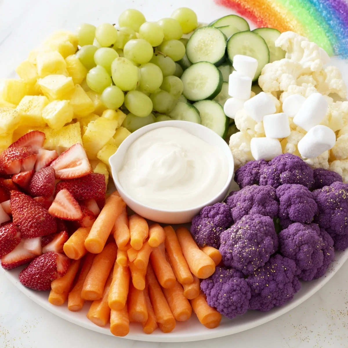 Vibrant Magical Unicorn Rainbow Snack Board displaying colorful fruits, veggies, and dips ready to enjoy.