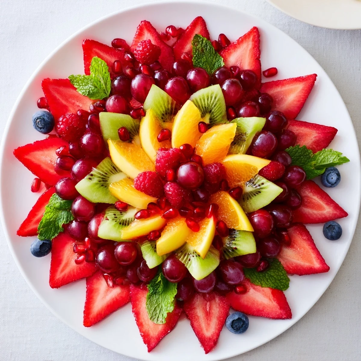 Festive Poinsettia Fruit Bowl creation with bright red and green fruits, drizzled with sweet dressing.