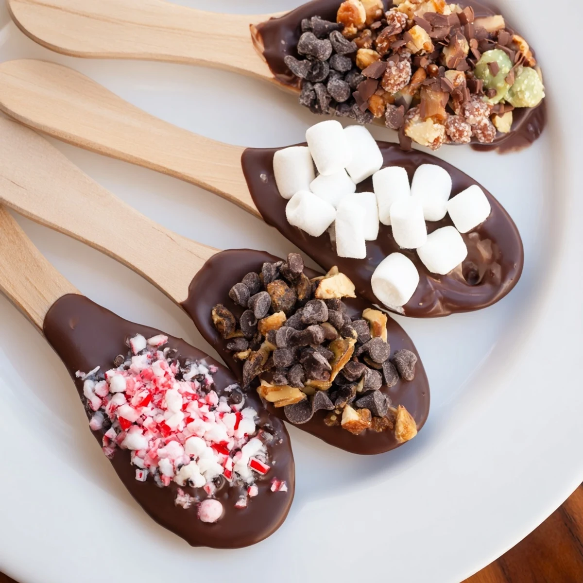 A beautifully arranged Hot Chocolate Spoon Toppings Board, perfect for a festive winter dessert.