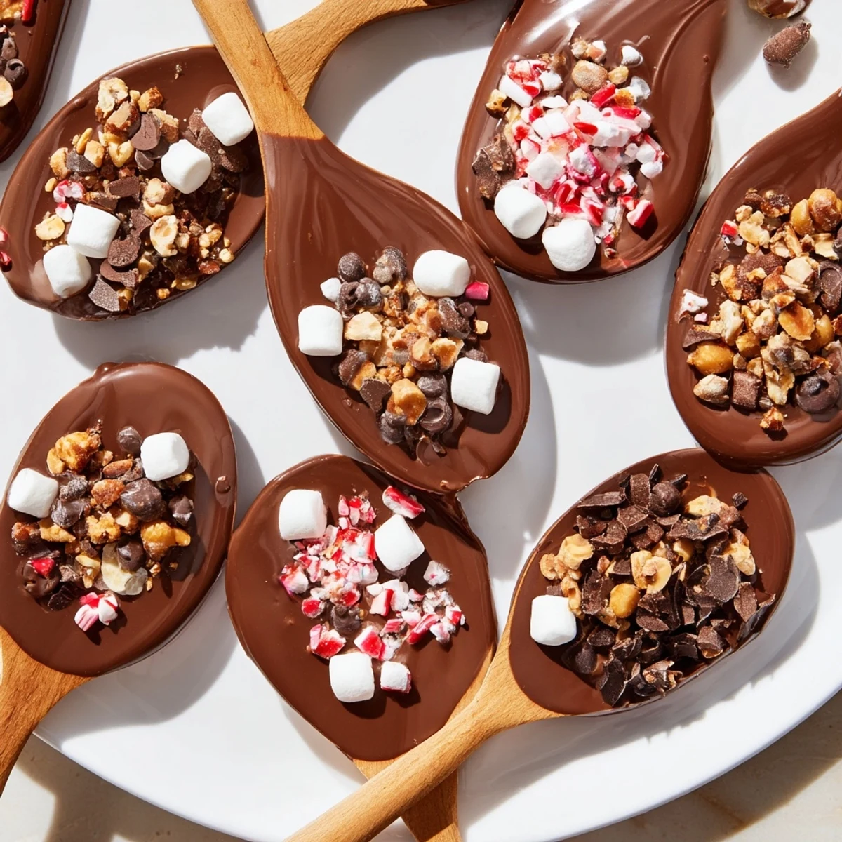 Colorful toppings like marshmallows and crushed peppermint adorn this Hot Chocolate Spoon Toppings Board for dipping.