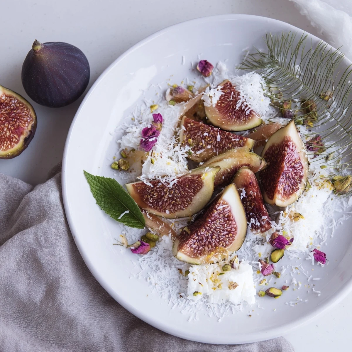Delectable Winter Fruit: Sweet figs and dates arranged with a snowy coconut topping for dessert.