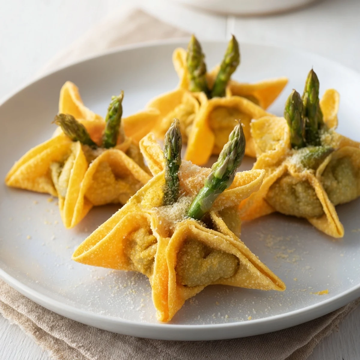 Golden brown Star Shaped Asparagus Bundle Wraps, with crisp pastry and fresh, green asparagus tips showing.