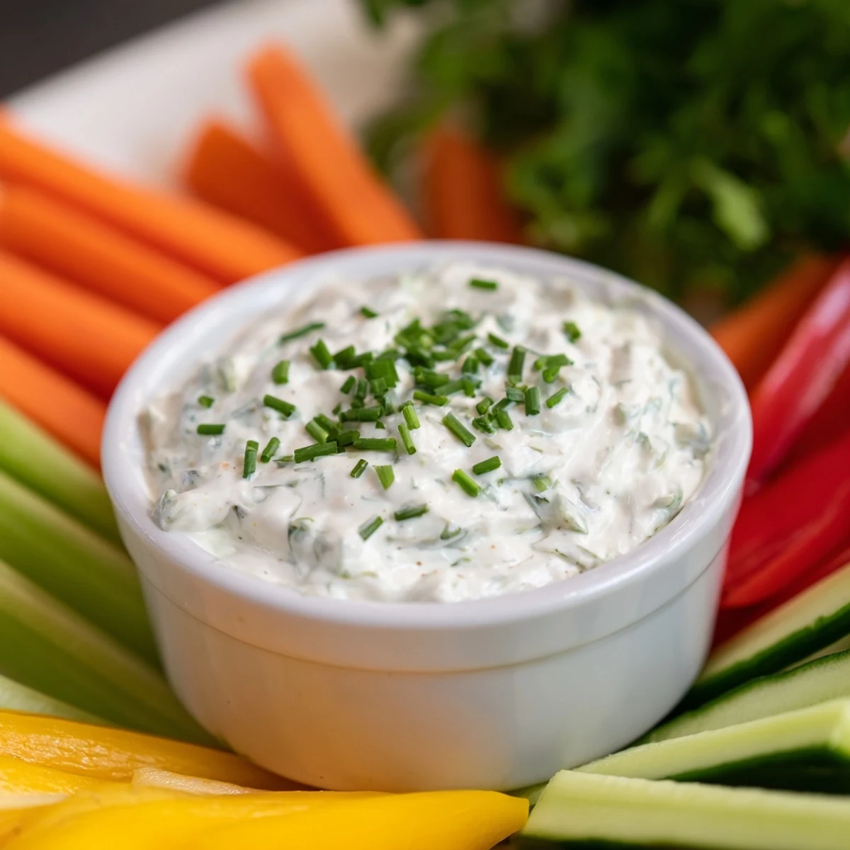 This image showcases a vibrant spread of Kids Dip: Cream Cheese and Ranch Dip with veggie sticks, ready to eat.