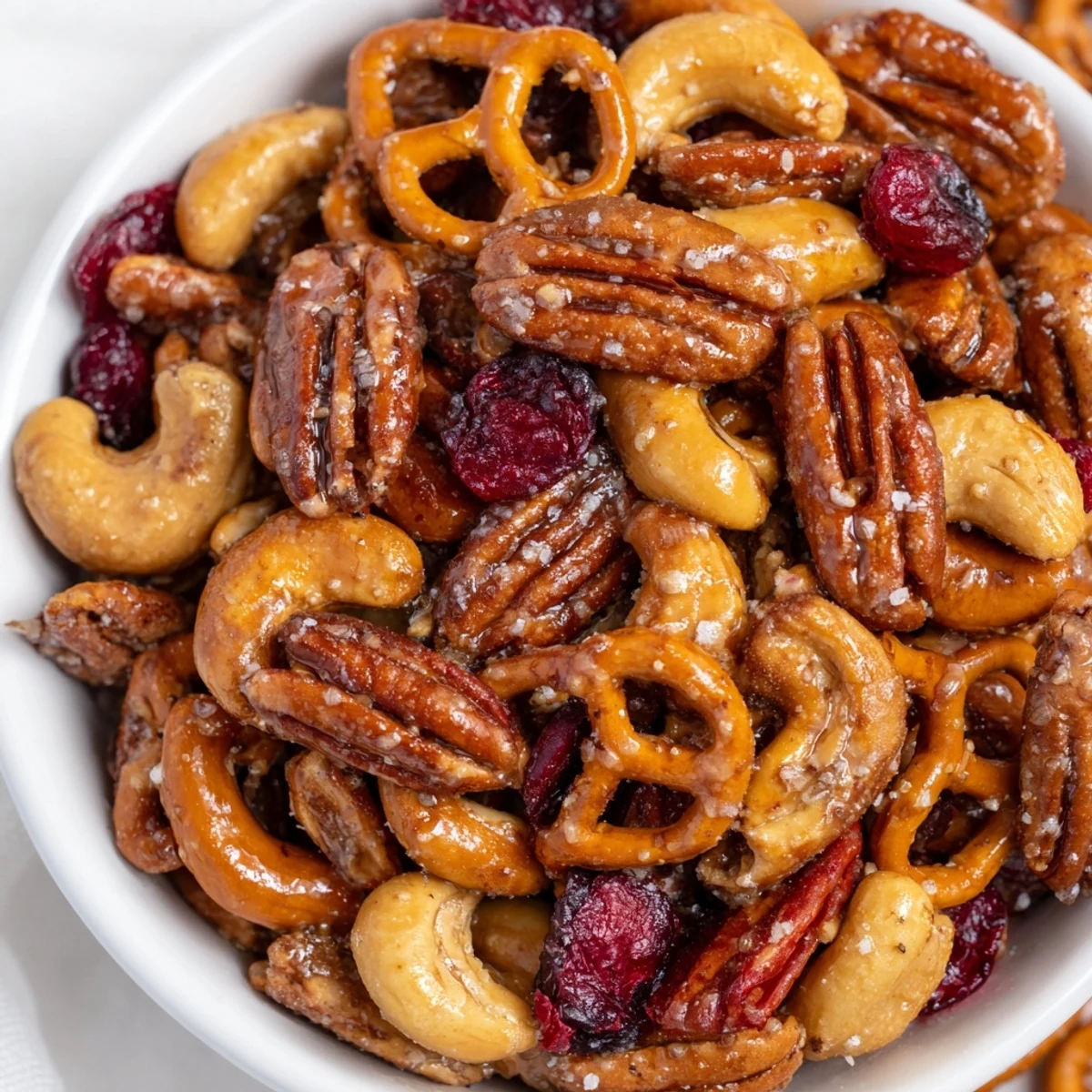 Golden-brown Sweet and Salty Holiday Nut Bowl: a festive snack with pretzels, cranberries, and spiced nuts.