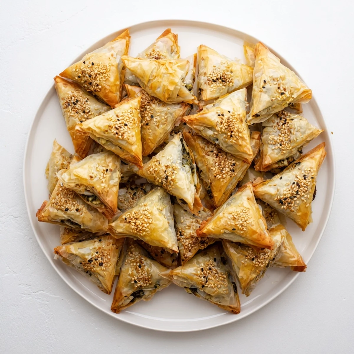 Golden-brown Mini Spanakopita Triangle Cluster arranged for sharing, with flakey layers of phyllo.