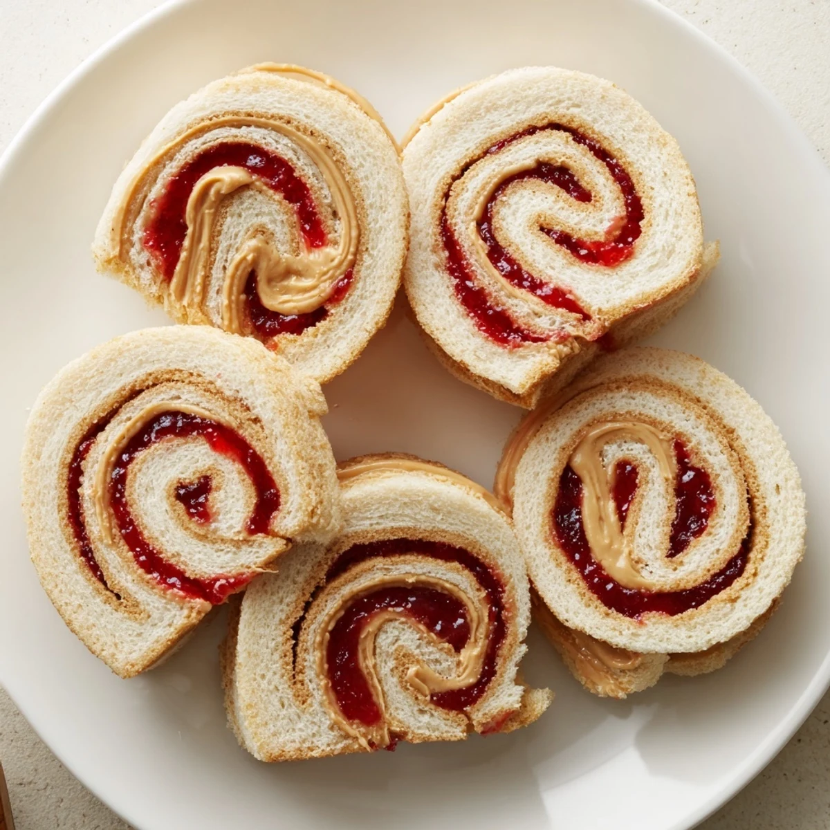 Easy-to-make quartered PB&J pinwheel rolls: a close-up revealing swirls of peanut butter and jelly.