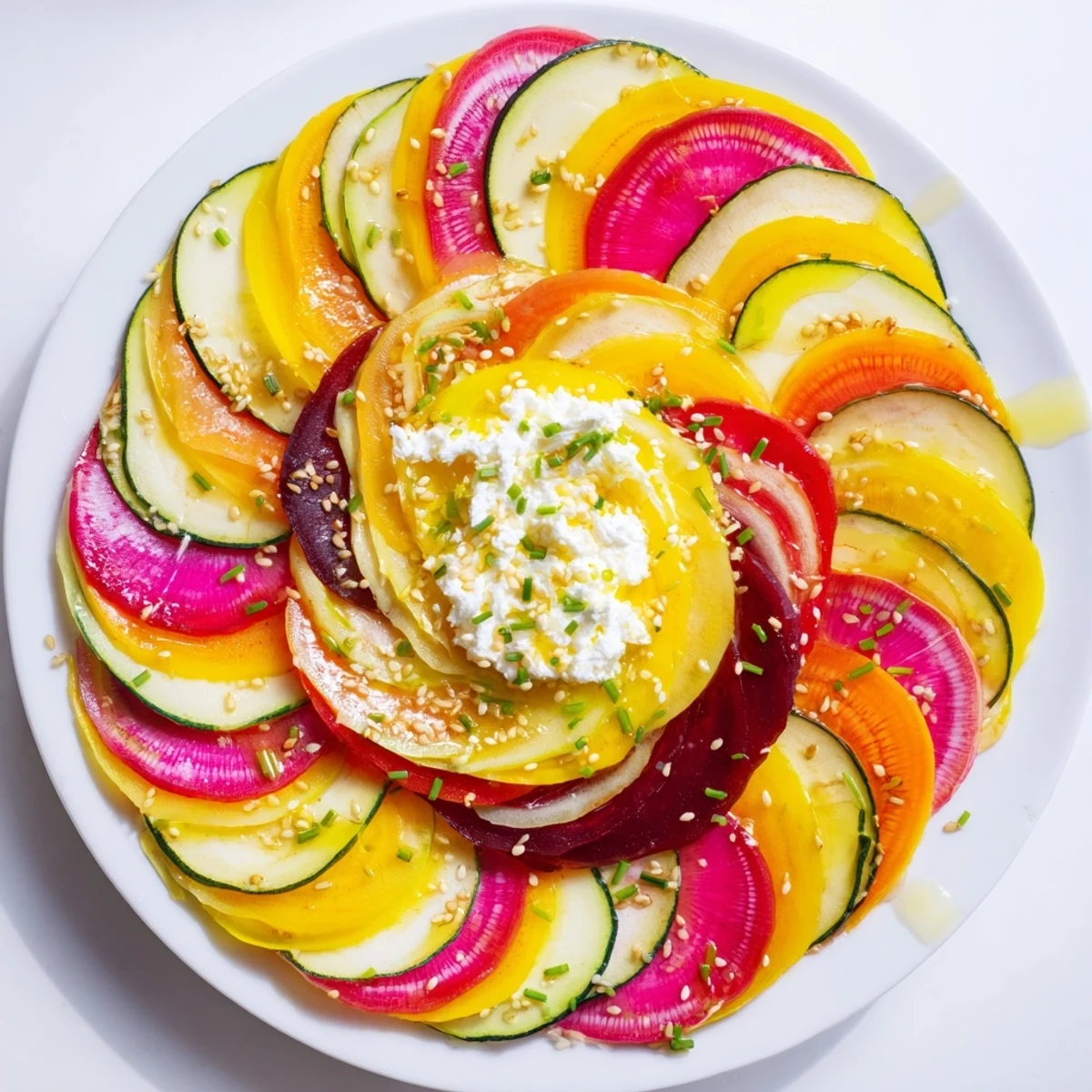 A stunning photo of a fresh Radial Symmetry Sunburst salad, drizzled and garnished, ready to impress your guests.