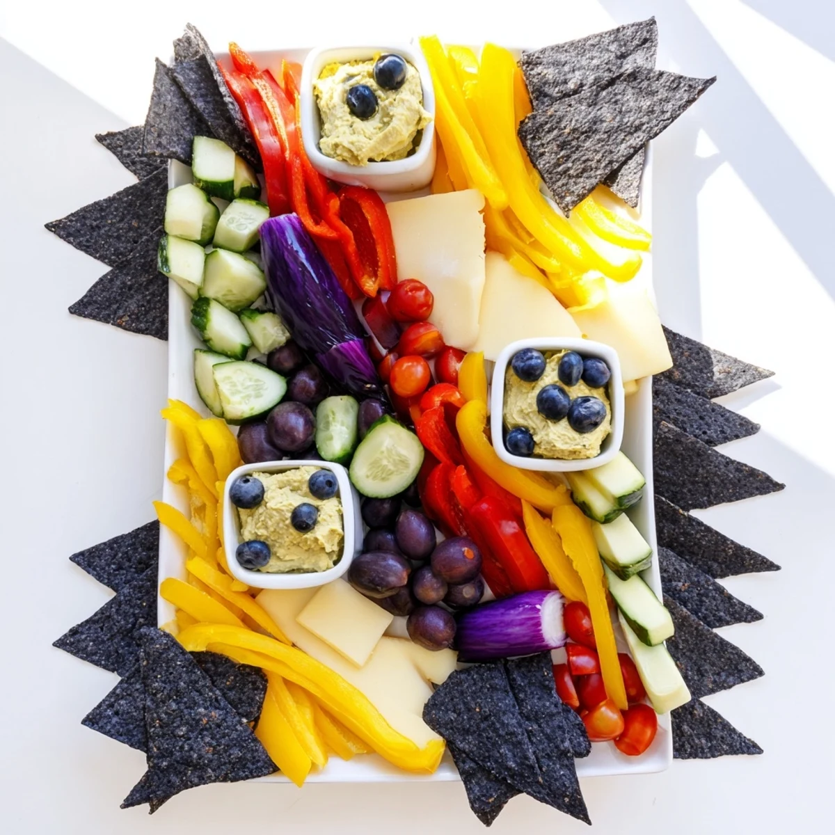 A Zig-Zag Lightning Strike of colorful, fresh ingredients: bell peppers, hummus, and cheese artfully arranged.