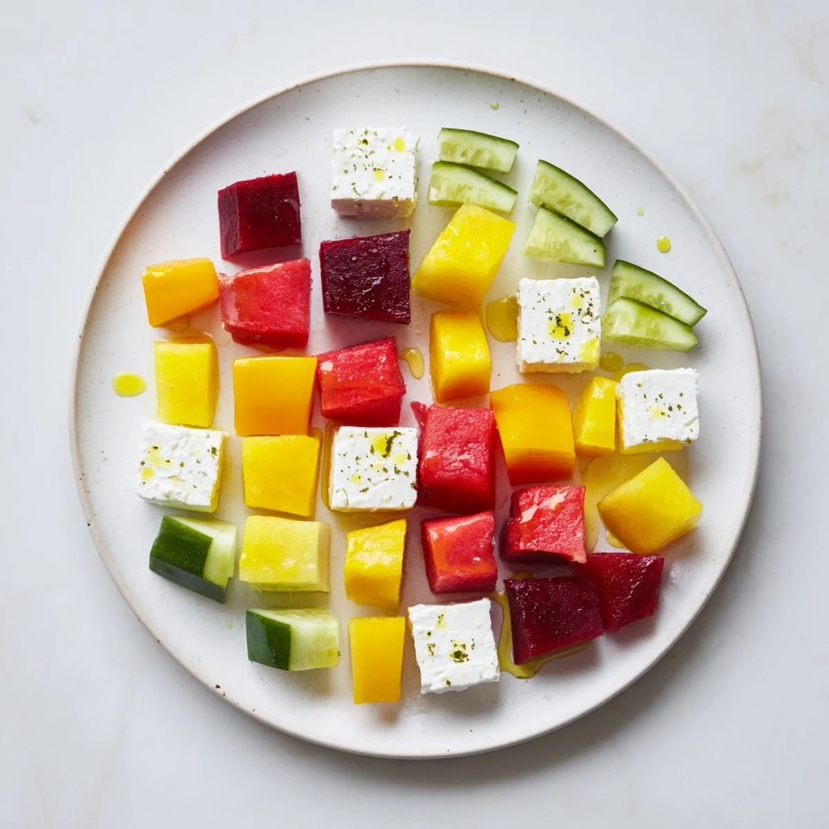 A colorful Cube Geometry Study salad features vibrant cubed fruits, vegetables, and creamy feta.