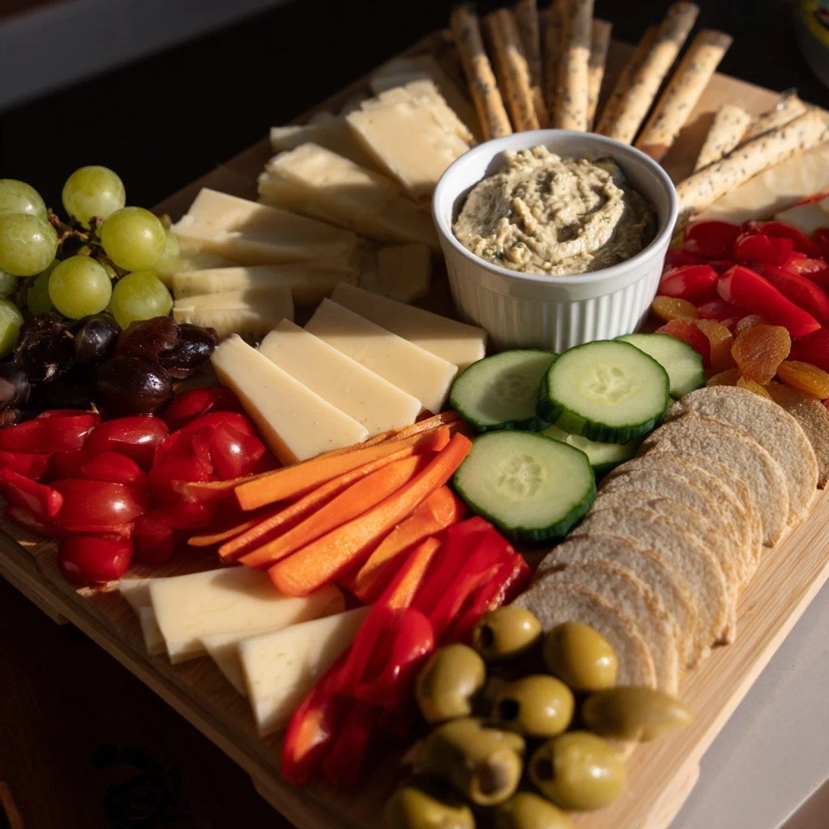 Arrowhead charcuterie board: A colorful arrangement of cheeses, meats, and veggies pointing to the hummus dip.