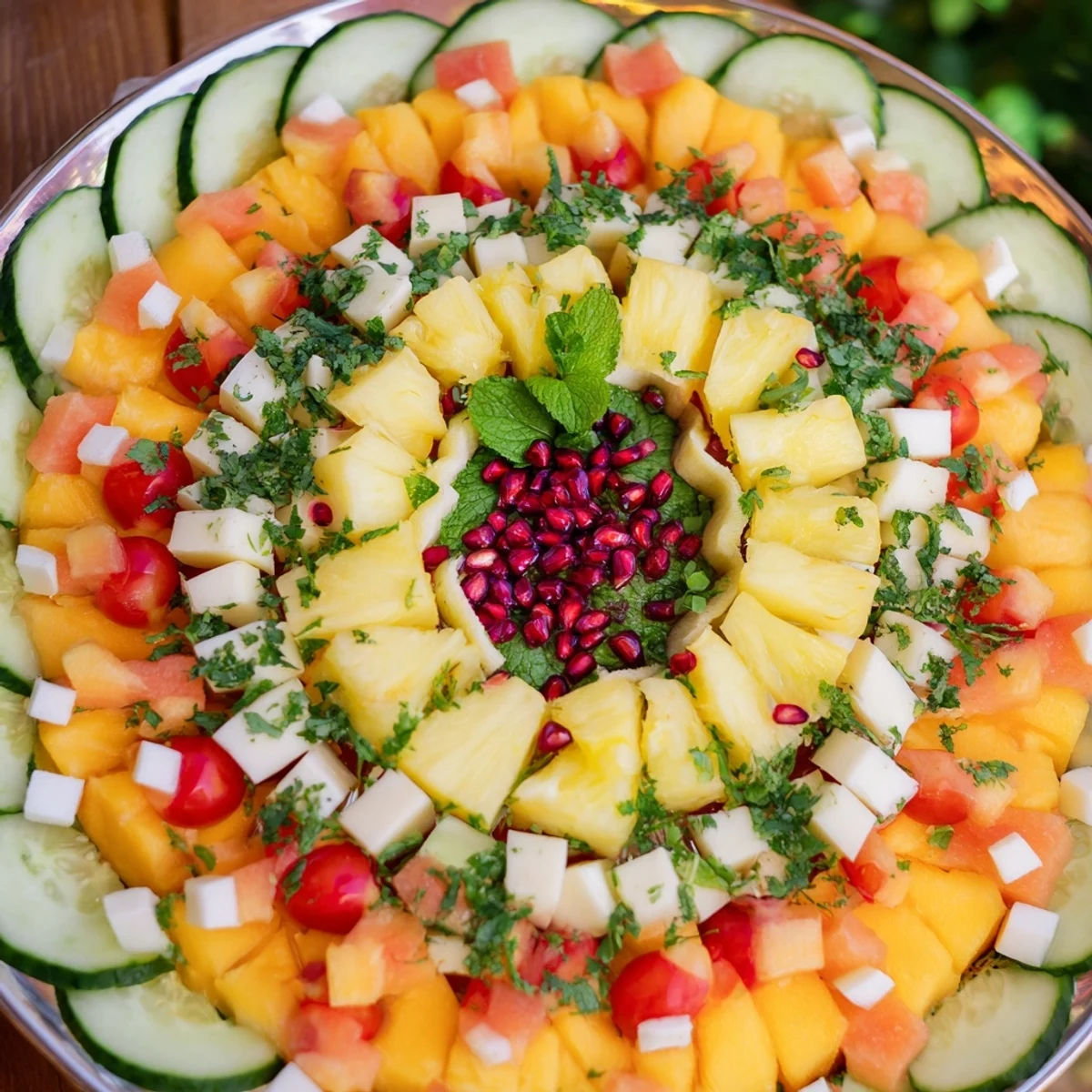 Vibrant concentric rings of flavor: sweet pineapple, savory feta, and spicy chickpeas, perfect as an appetizer.
