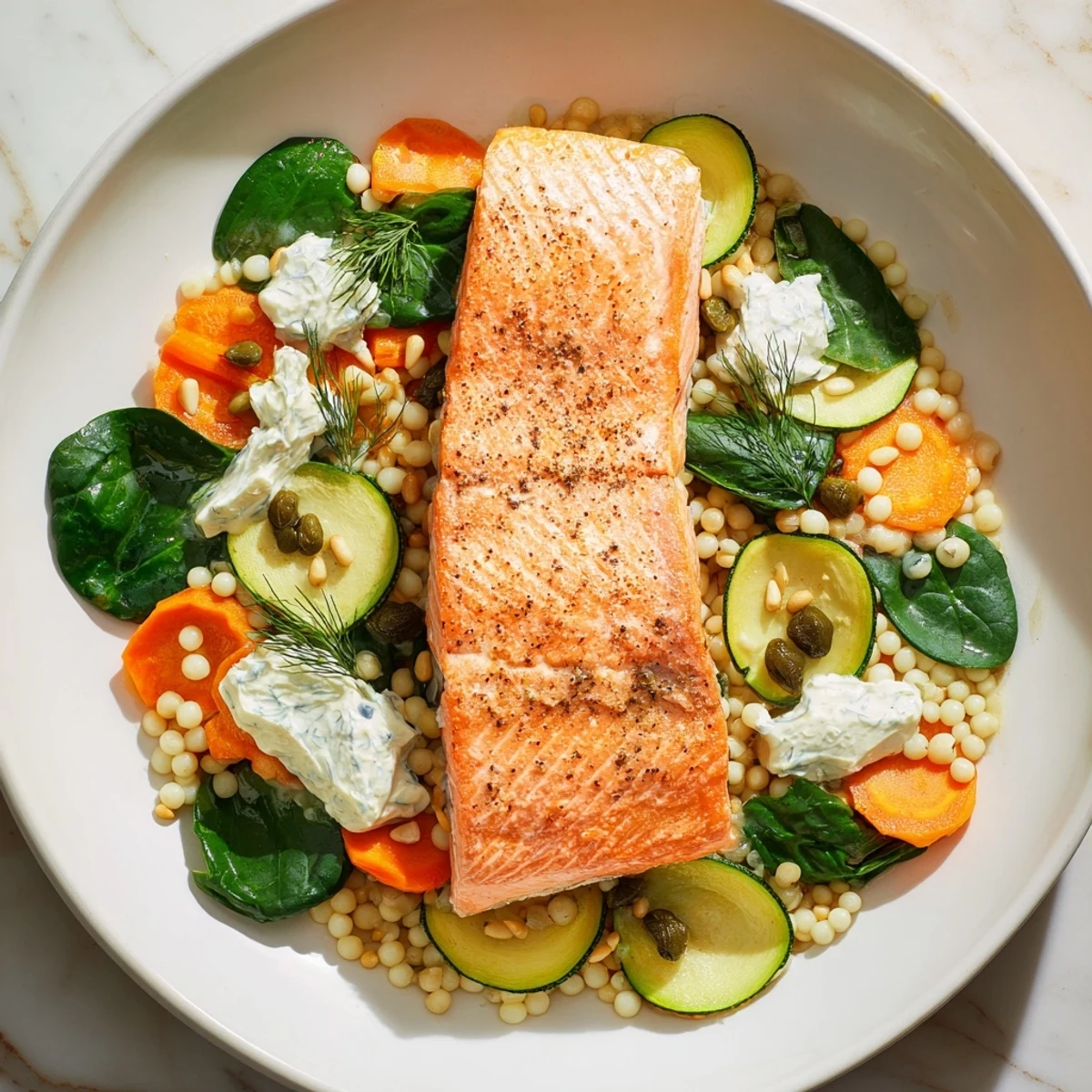 Elegant Infinity Loop featuring flaky salmon and colorful vegetables artfully arranged on a platter.