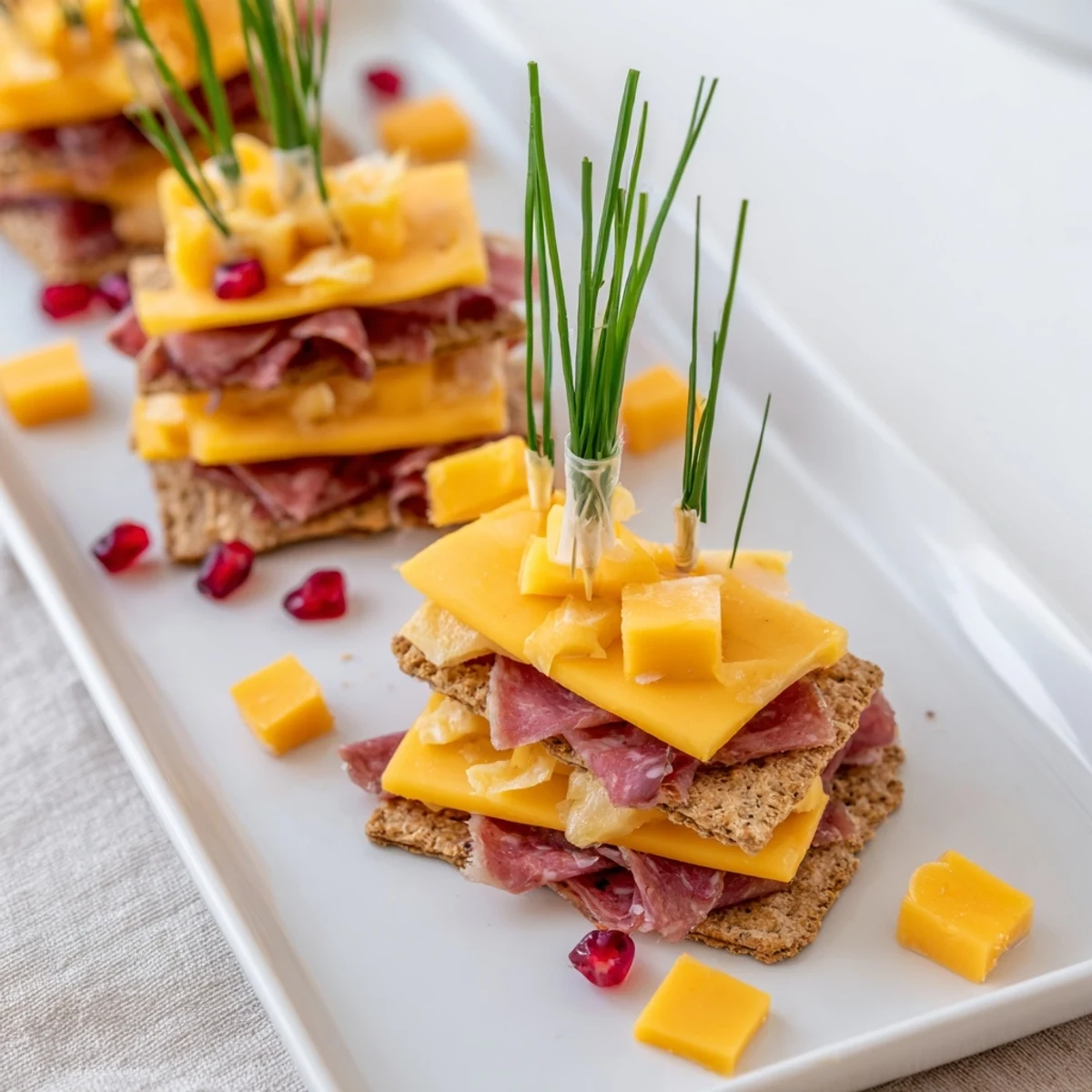 This Layered Urban Skyline showcases a beautiful arrangement of cheeses and meats, perfect as a party appetizer.