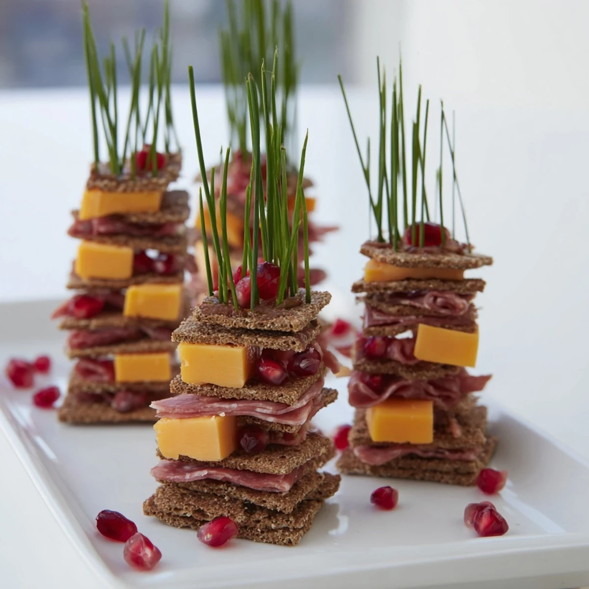 Savory Layered Urban Skyline appetizer: crackers stacked with cheese, meat ribbons, and vivid chives, ready to serve.