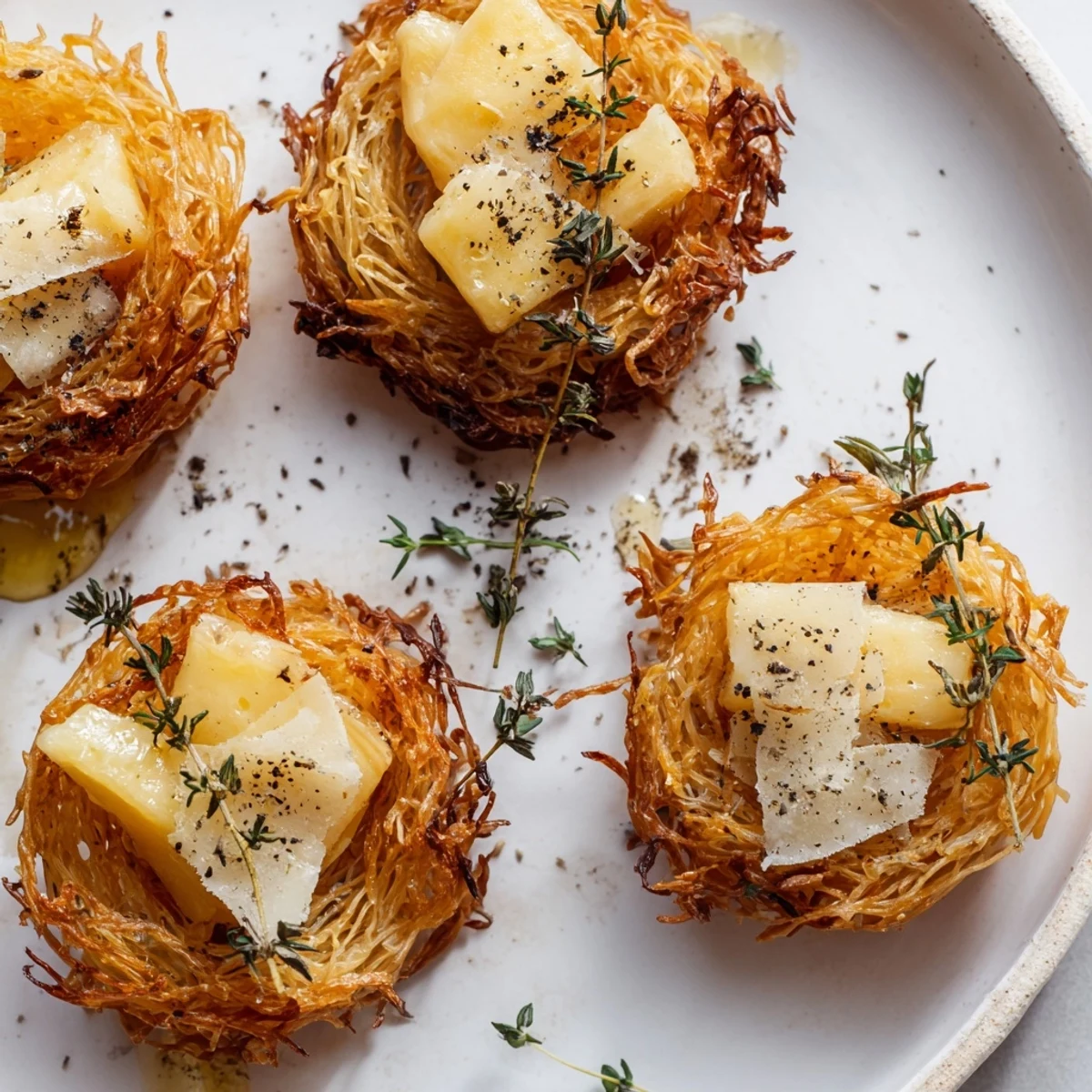 Golden, crispy phyllo nests holding farmhouse cheeses for this Rustic Barnyard appetizer.