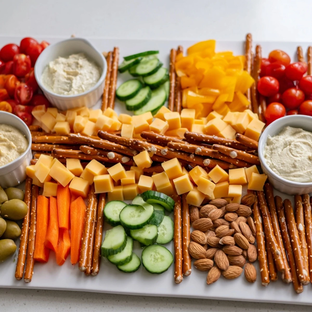 The Urban Grid snack platter featuring colorful cheese, meats, and veggies arranged like city blocks.