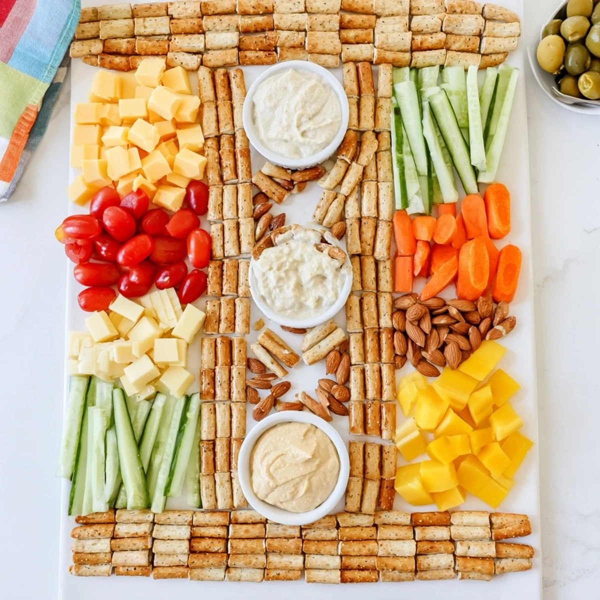 Perfect for parties, this Urban Grid appetizer showcases diverse cheeses, salami, and tomatoes on a pretzel grid.