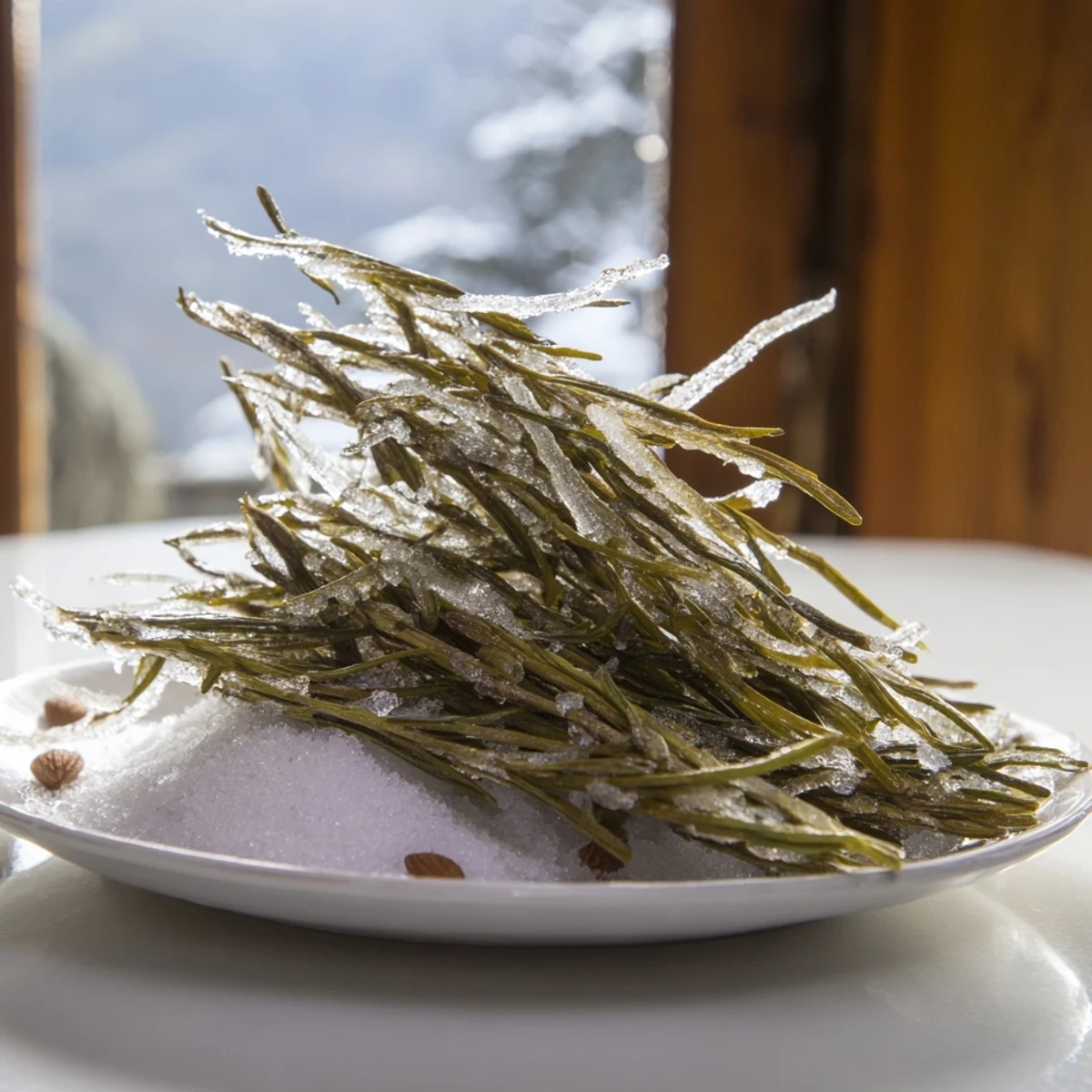 A beautiful winter cheese board with sugared rosemary "frosted pine" trees and white cheddar snow.