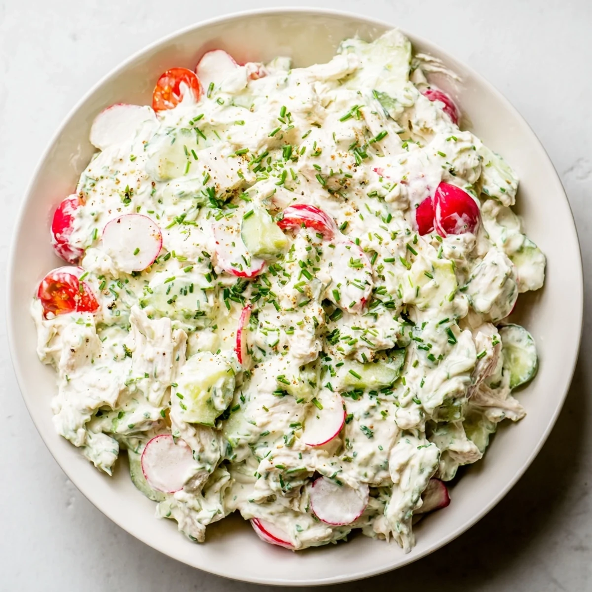 Warm and comforting, this Green Goddess Chicken Nacho Dip features savory shredded chicken atop a creamy, veggie-filled dip.