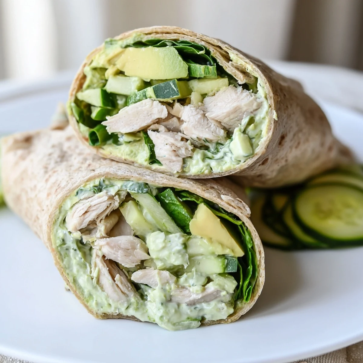 A close-up of a delicious Green Goddess Wellness Wrap showcases the colorful veggies with a flavorful dressing.