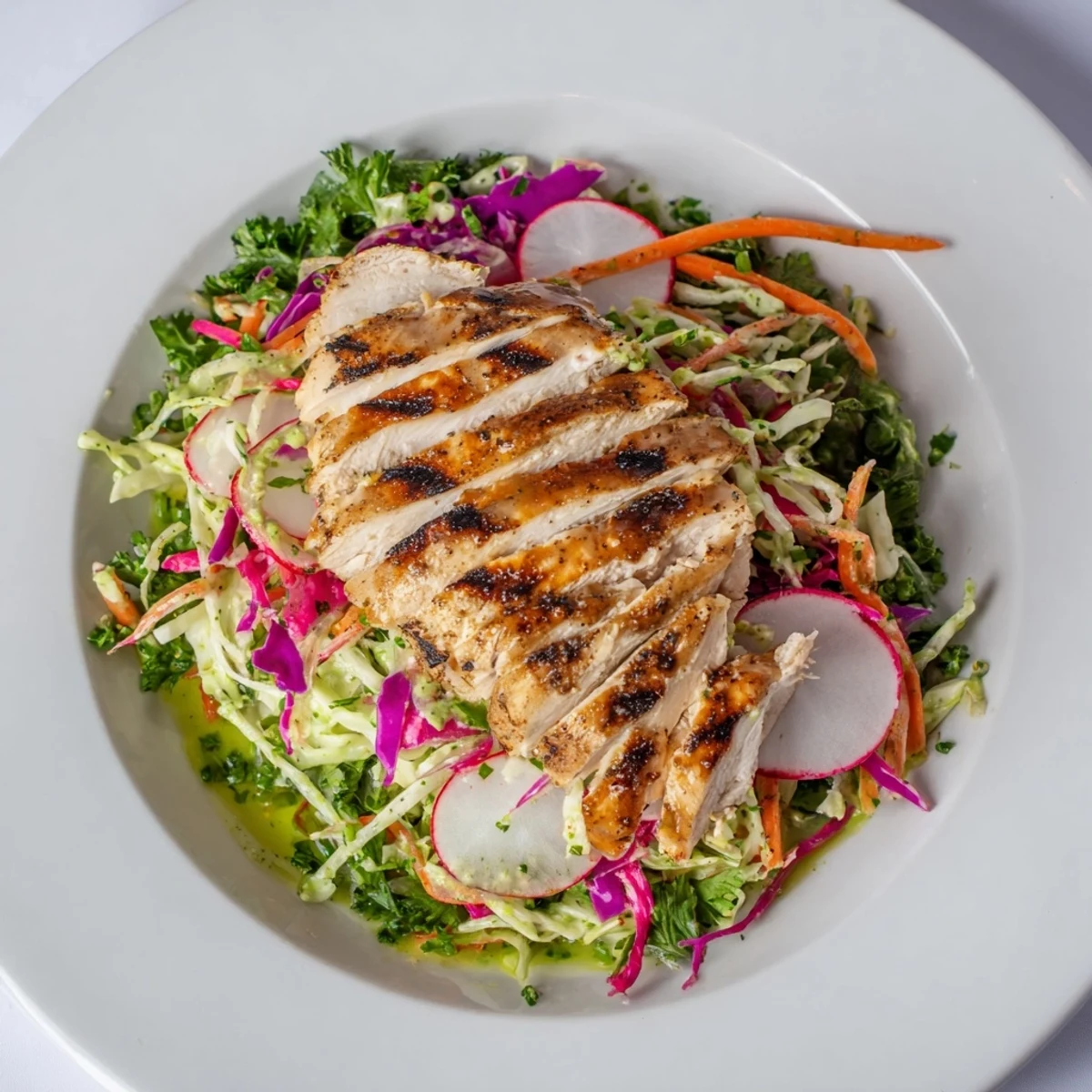 Green Goddess Cabbage Slaw with Grilled Chicken: Juicy chicken atop a vibrant, creamy slaw bursting with fresh herbs.