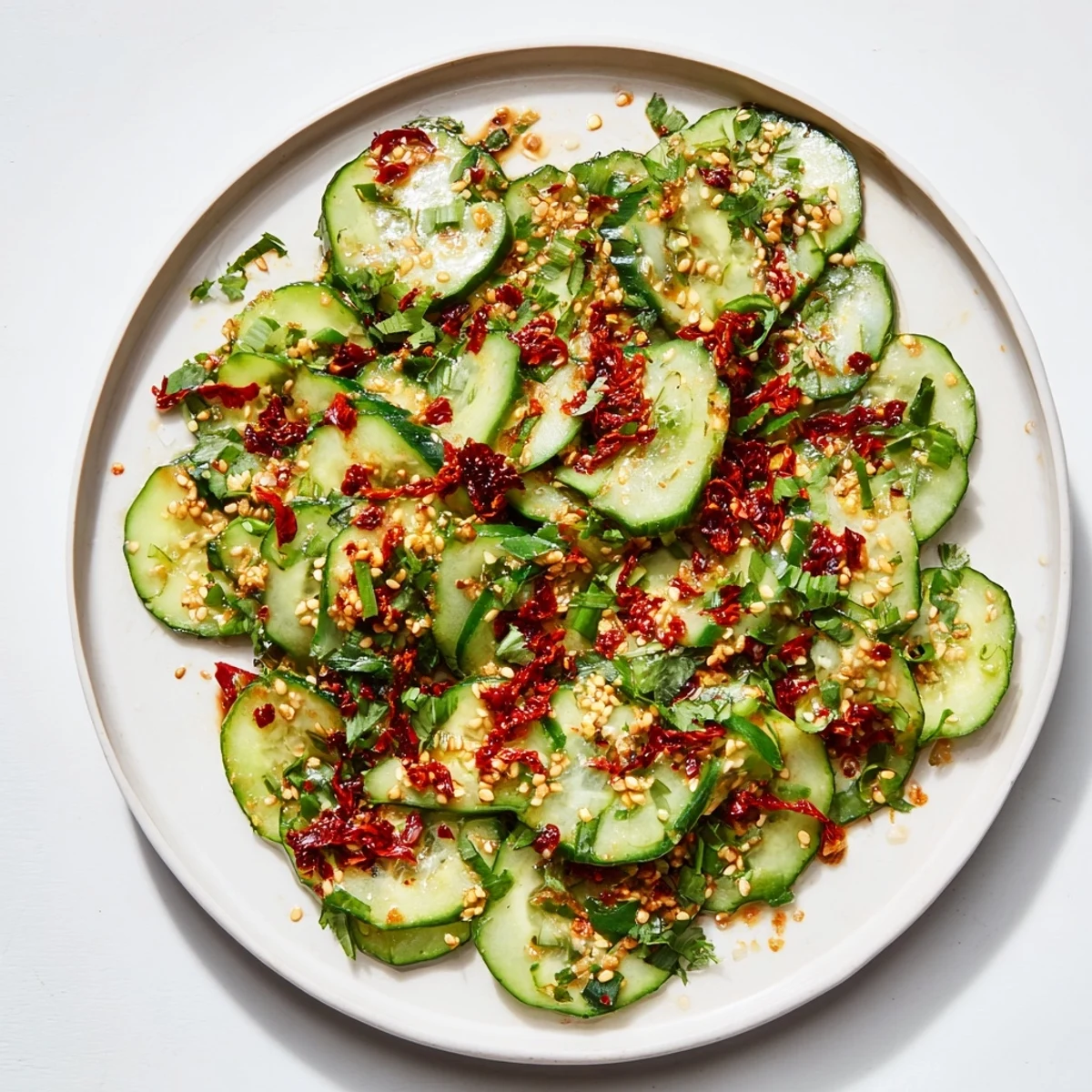 A close-up shot of Cucumber Shaker Salad showcasing fresh cucumbers, sesame seeds, and chili crisp.