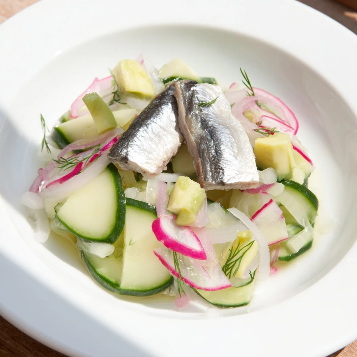 Bright, colorful Cucumber and Tinned Fish Salad, layered with fresh herbs and a tangy vinaigrette, ready to enjoy.