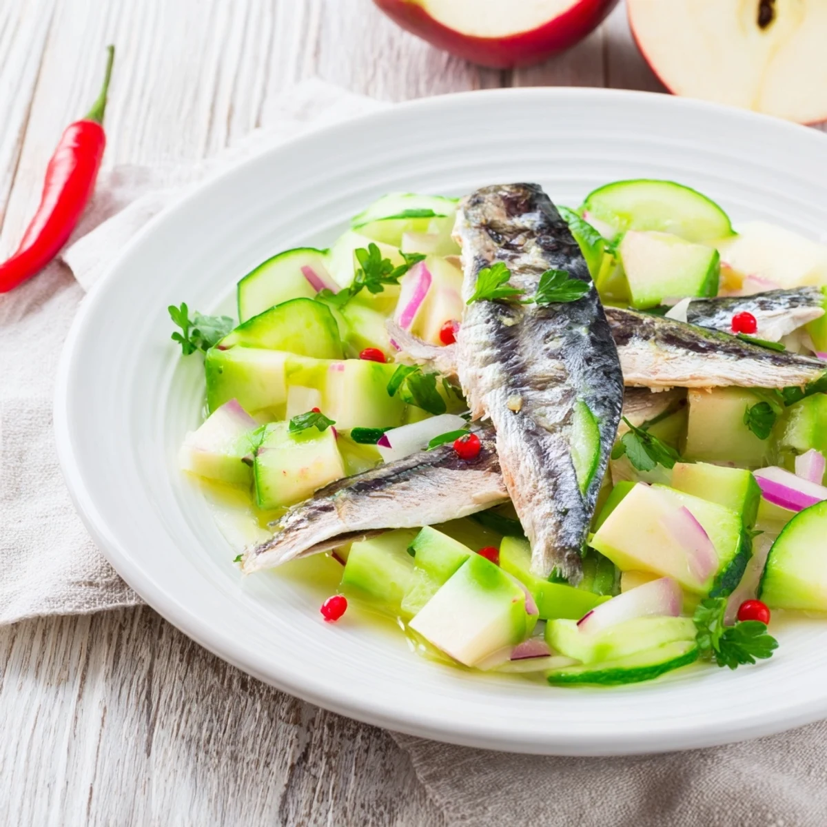 A close-up of refreshing Cucumber and Tinned Fish Date Night Salad, perfect for a light, delicious dinner at home.
