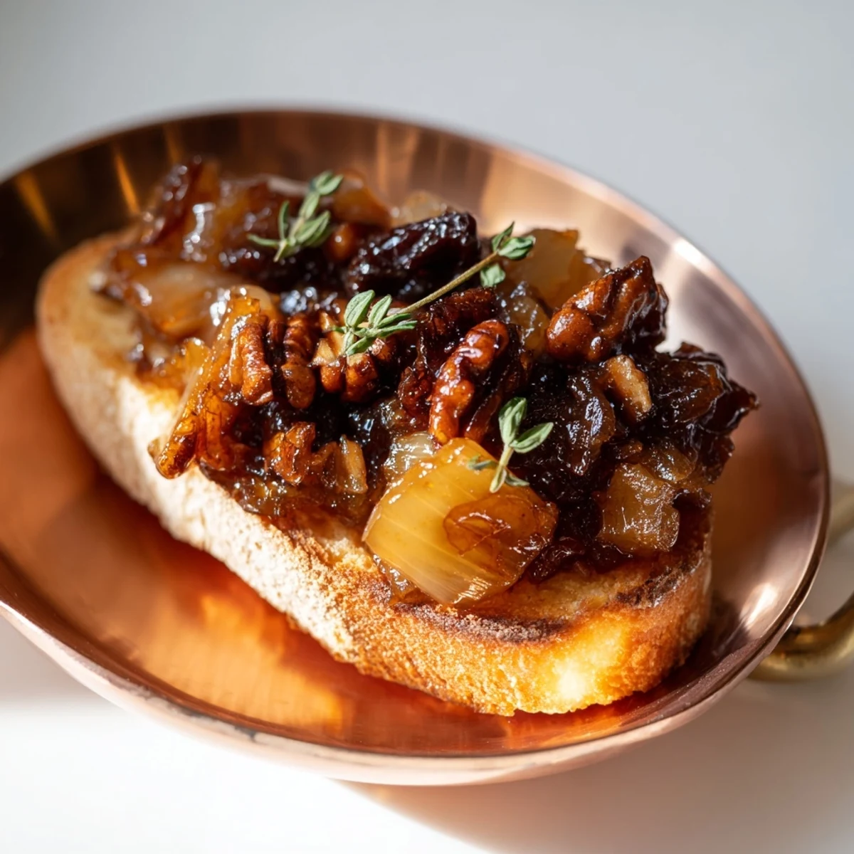 The Copper Kettle appetizer, featuring caramelized onions, toasted pecans, and sweet dates, is ready to serve.