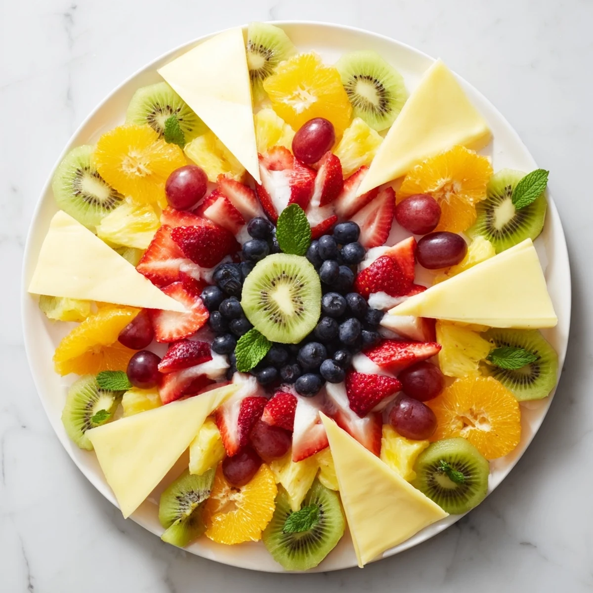 Kaleidoscope Circle platter with bright fruit and cheese arranged in symmetrical pattern.