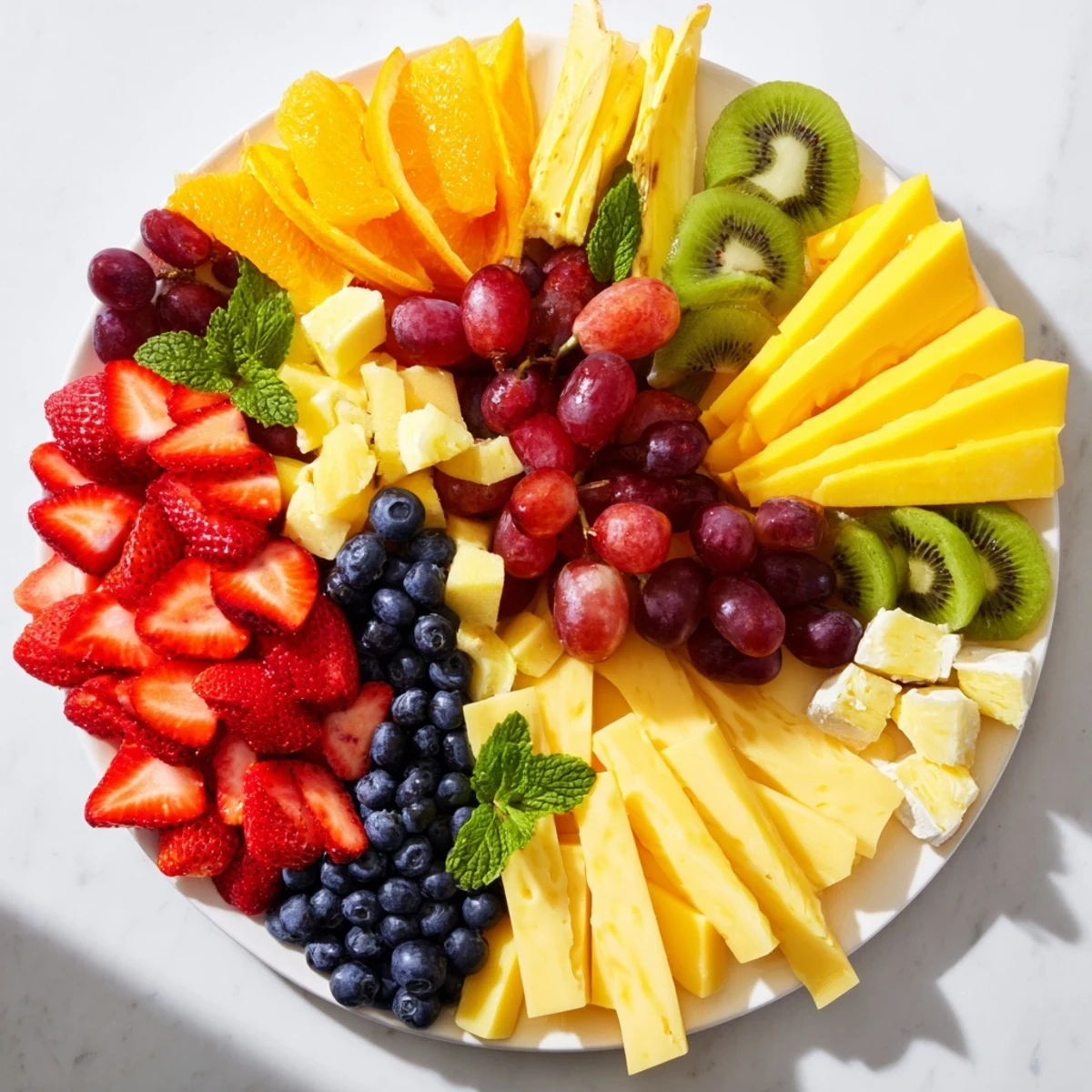 Colorful Kaleidoscope Circle appetizer with a stunning arrangement of fruits and artisan cheeses.