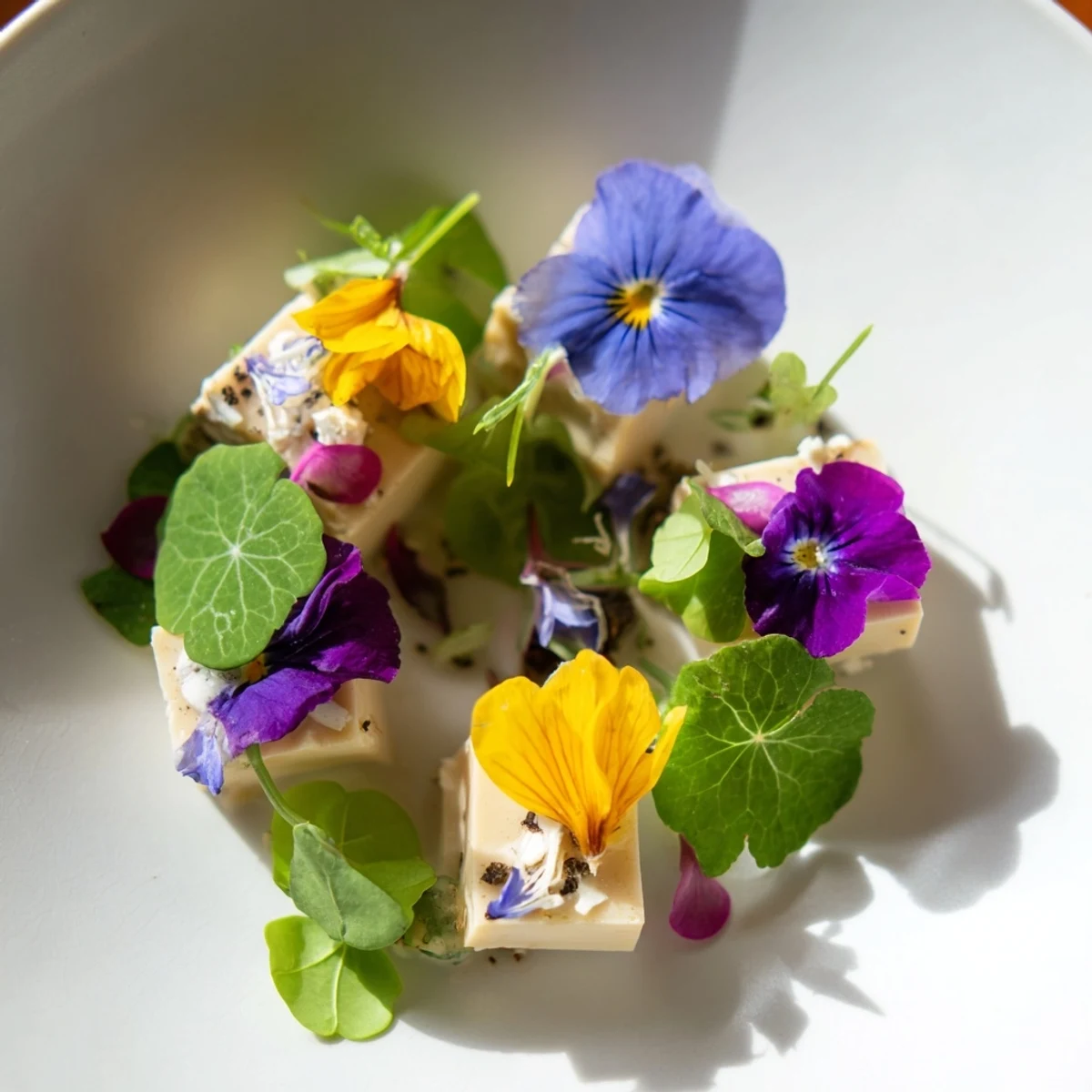 The Secret Garden appetizer with colorful edible flowers and hidden cheese cubes looks delicious.